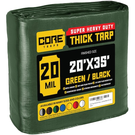Core Tarps Heavy Duty Tarp, 35 ft L x 0.5 mm H x 20 ft W, 20 Mil, Green/Black, Polyethylene CT-703-20X35